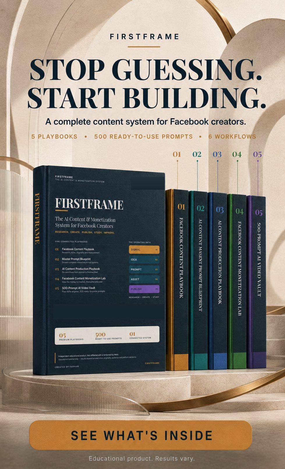 The FirstFrame package: the core manual standing beside the five playbook spines.