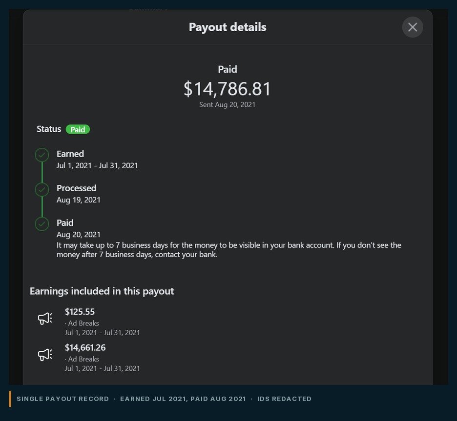 A single payout record earned in July 2021 and paid in August 2021, with transaction identifiers redacted.